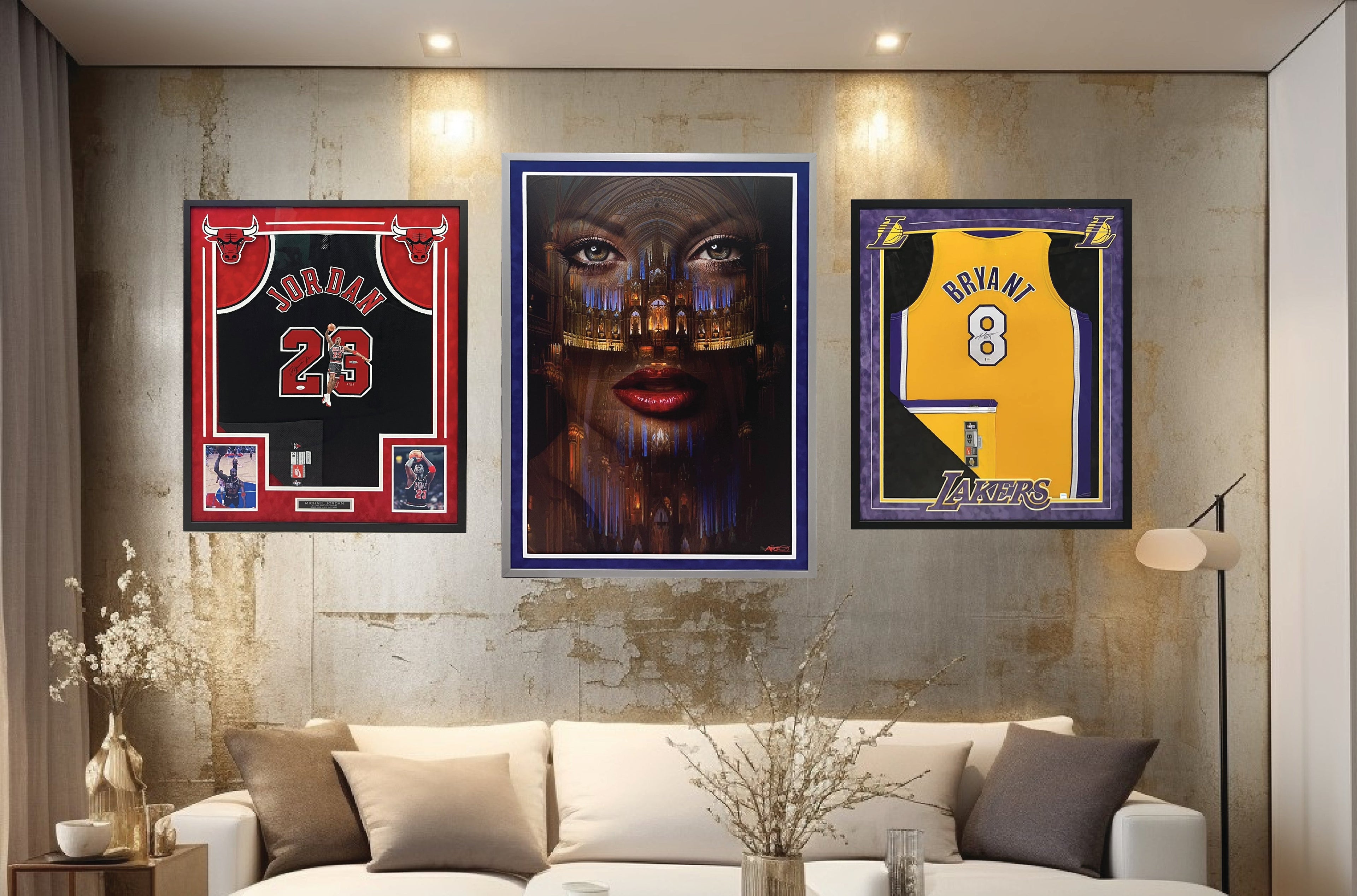 Custom framed sports jerseys and artwork